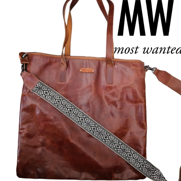 Most Wanted USA Tan Leather & Canvas Shoulder Laptop Tote Handbag - Picture 3 of 6